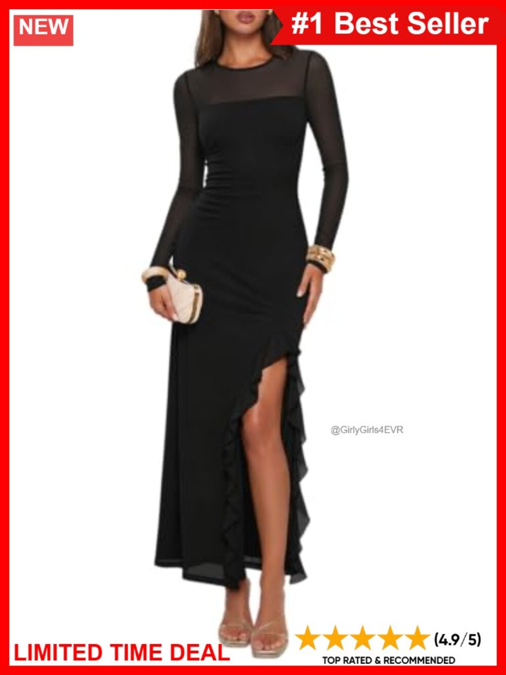 Mesh Long Sleeve Bodycon Maxi Dress Ruffle High Slit Wedding Guest